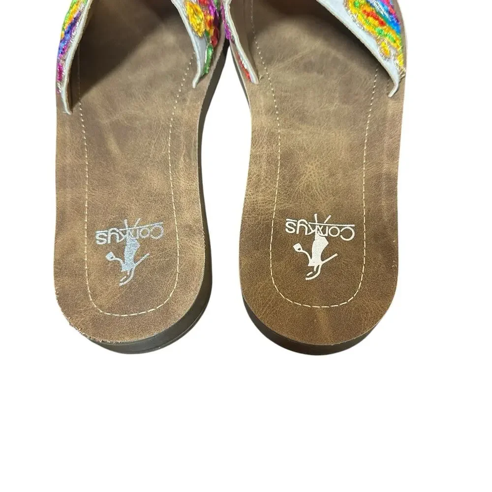 Corkys Pinwheel Slides Slip on Flat Sandals White Multicolor Flower Size 7 Boho‎